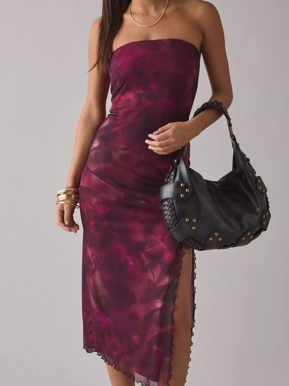 Urban outfitters mesh Strapless Burgundy-Pink Midi Dress large